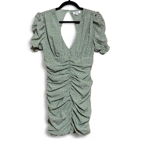 D'liteful Dresses & Skirts - D'liteful polka dot ruched puff sleeve v-neck open back mini dress sage green